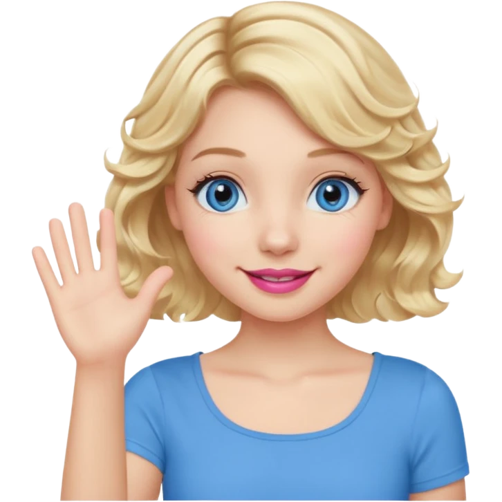 Girl Blonde short wavy hair,  blue eyes, cute blue top, long lashes, pink lips, smiling, waving hello  emoji