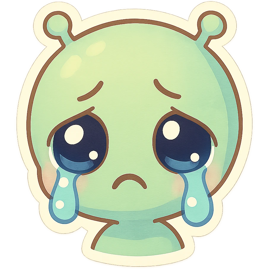 cute cartoon alien head showing sadness, chibi stickers style, soft colors, teary eyes, sorrowful expression emoji