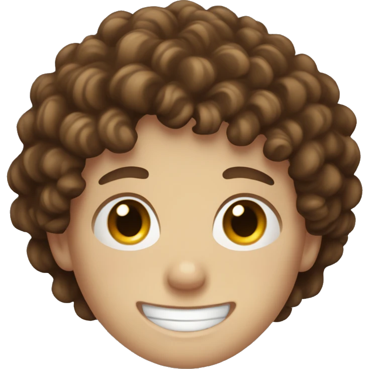 White teen boy with freckles, blue eyes, curly brown hair, and a big smile emoji