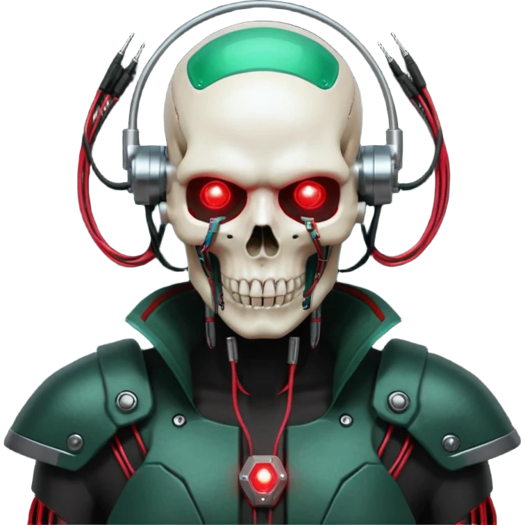 Cyberpunk shield, skull with cybernetic implants, glowing wires, dark green and red tones, no background emoji