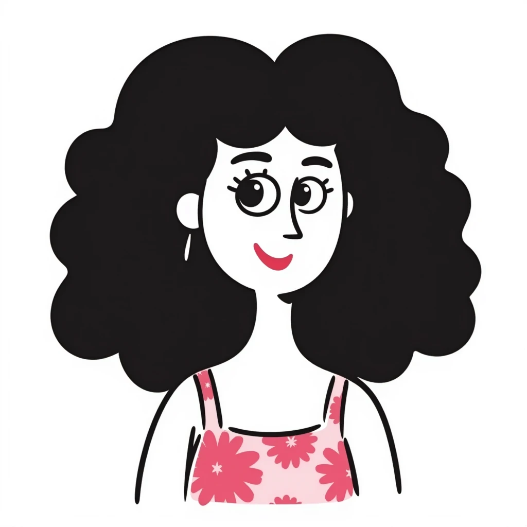 Woman in her 30s with clear skin, elongated face, soft cheeks, large expressive brown eyes, natural eyebrows, defined nose, full lips with soft red lipstick, abundant dark brown curly hair, wearing pink tie-dye tank top emoji