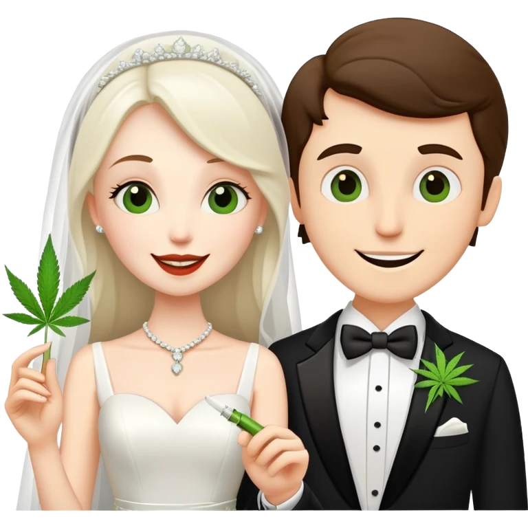 Bride in white dress and groom in tuxedo sharing a cannabis joint, cheerful cartoon wedding couple emoji