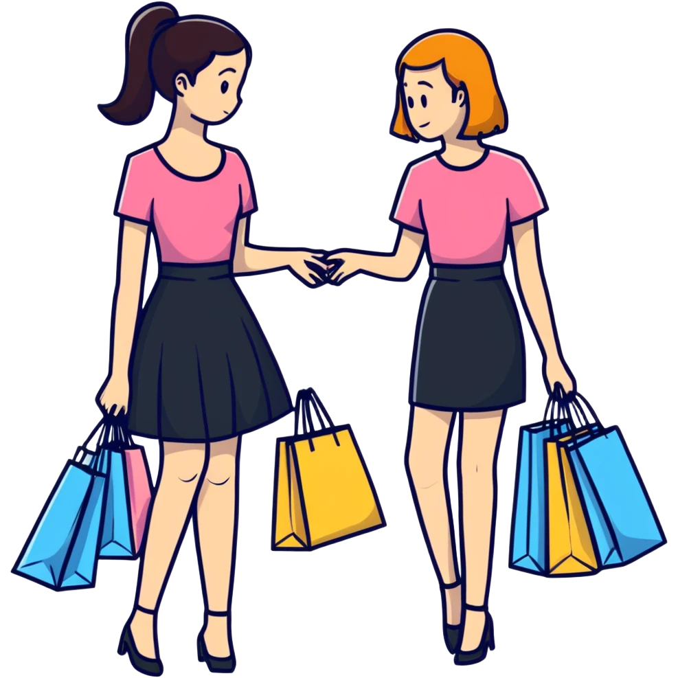 Two girls helping each other carry shopping bags emoji