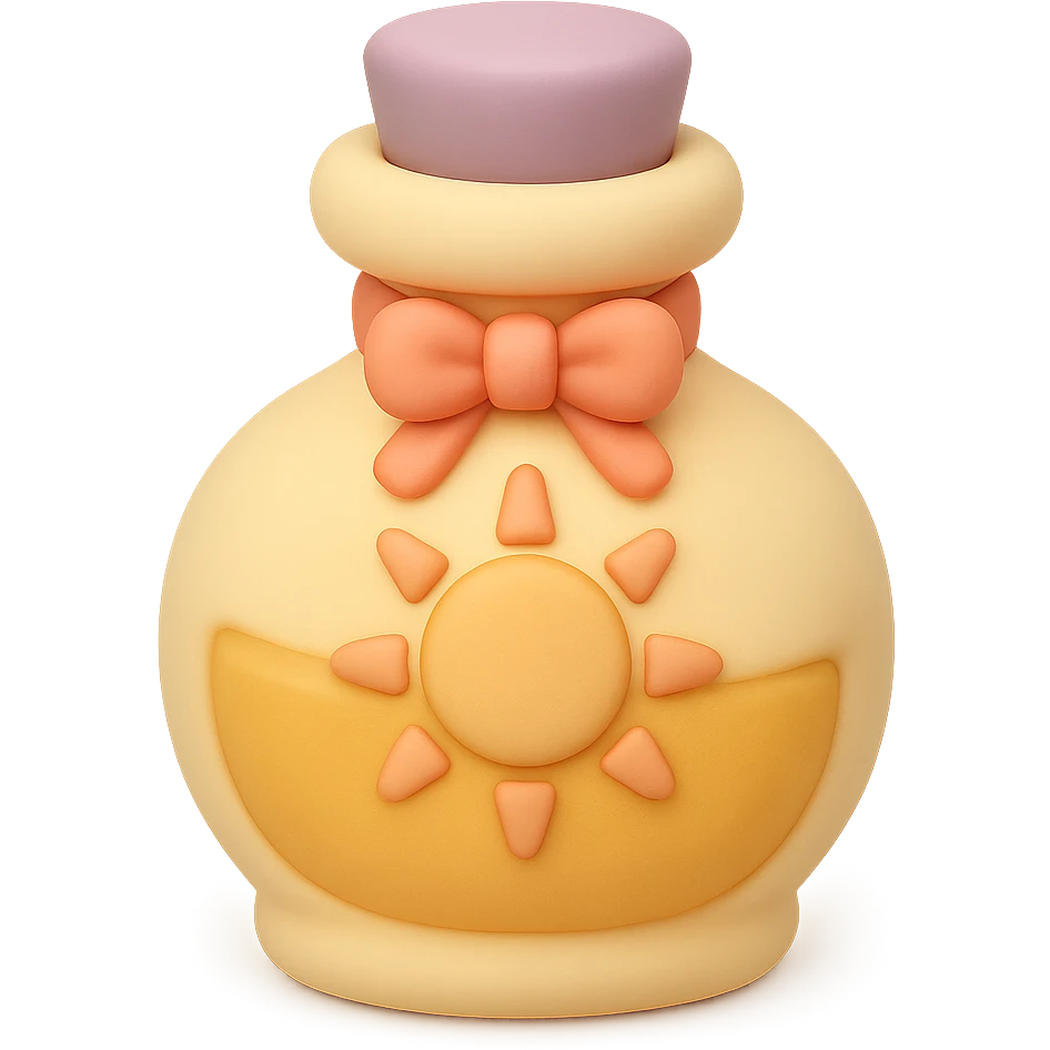 yellow goth potion bottle with a sun motif, soft and cute gothic look, mochi style emoji