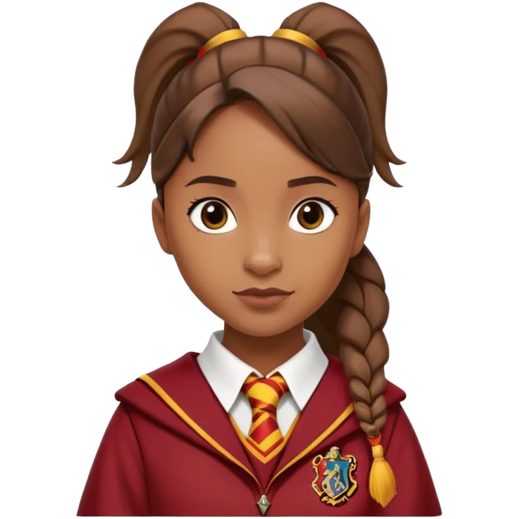Angelina Johnson in harry potter, wear hogwarts gryfindor uniform, ponytail hair emoji