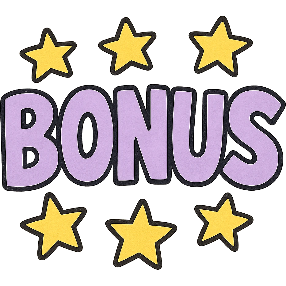 the word BONUS in large letters, all the same vibrant color, surrounded by stars, no background or sign behind, just the letters and stars, vibrant cartoon style QUIERO EXACTAMENTE IGUAL SOLO QUE LAS LETRAS DEBEN SER VIOLETA PASTEL Y LAS ESTRELLAS AMARILLAS emoji