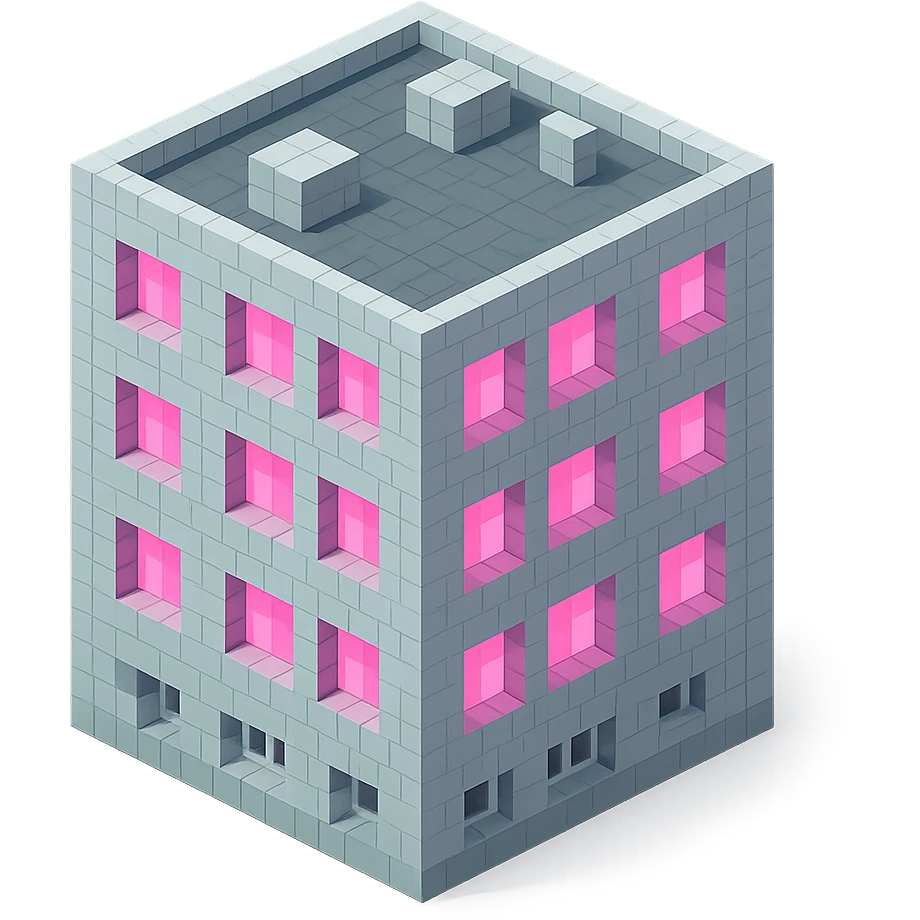 Russian panel apartment building, square block shape, light gray concrete, windows glowing pink, isometric view emoji