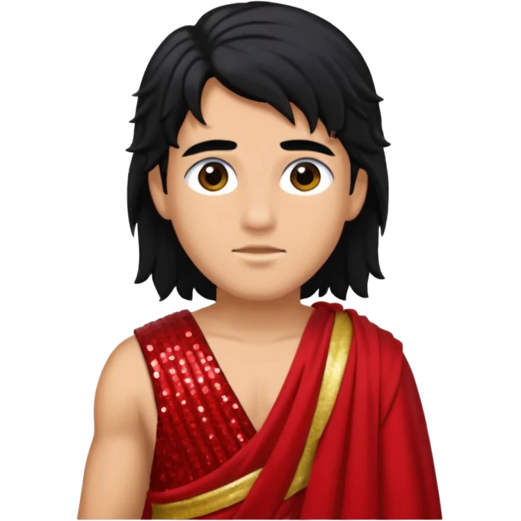 Adonis from Roman Deities with long black hair, red sequin toga emoji