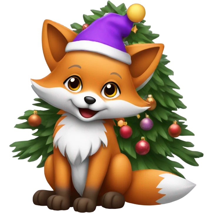 Baby fox wearing purple Santa hat sitting next to a  Christmas tree   emoji