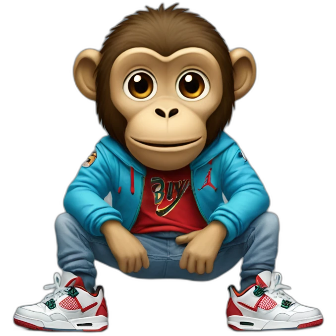 Monkey wearing Jordan 4 on its  feet with a bunch of Nike clothes emoji