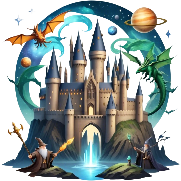 Icon for Fantasy and Sci-Fi Movies: A magical collage with flying dragons and futuristic spaceships. Stars and planets shimmer in the background with a mystical castle Hogvards and an ancient wizard holding a staff. The atmosphere is epic, otherworldly and adventurous. Transparent background. emoji