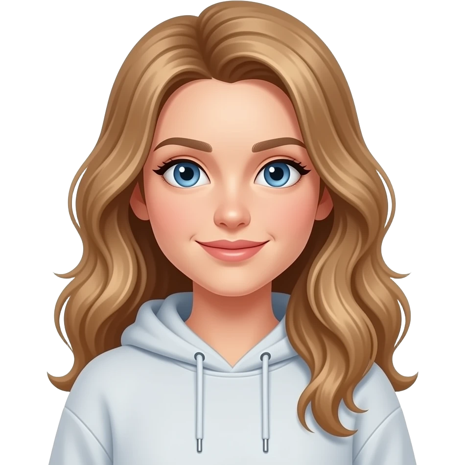 woman, blue eyes, late twenties, mousey blonde hair, long wavy hair, sweatshirt emoji