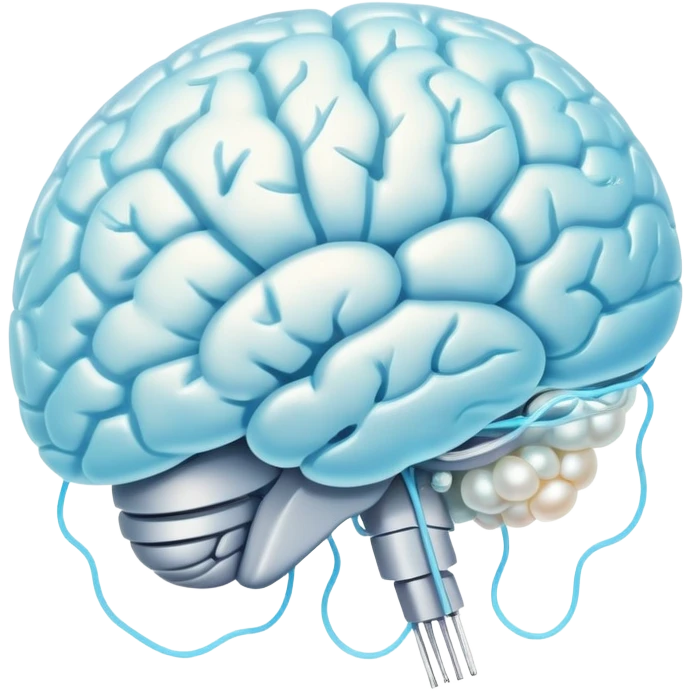 Floating pearl and light blue capsule orbiting around a translucent brain with bright sparks connected to a glowing neural network, all wrapped in a soft fog representing mental focus emoji