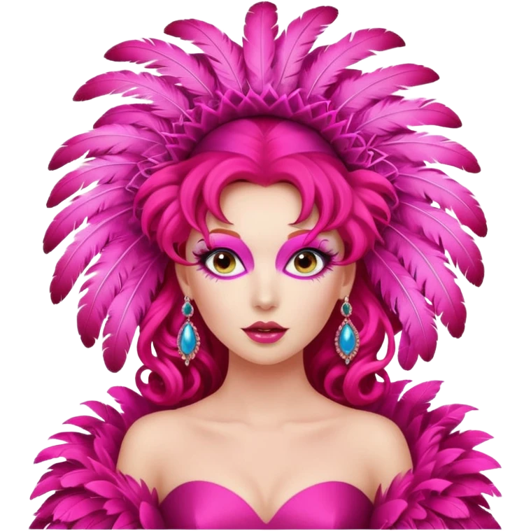 A vibrant woman with theatrical red ringlets and a massive pink feathered headpiece strikes a playful pose in an exaggerated, storybook-style hot pink gown. emoji