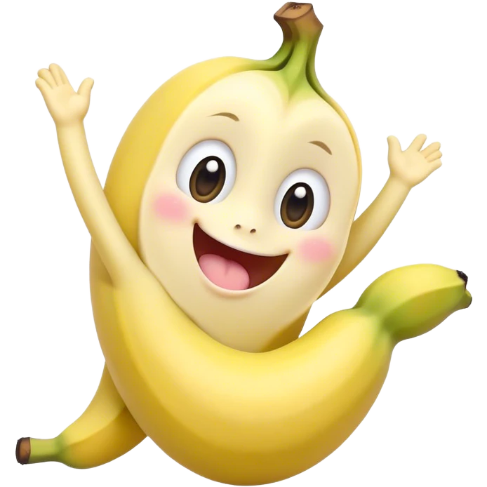 Cute Kawaii Banana, slightly curved, soft pastel yellow, cute giggling face with big round eyes, tiny arms waving happily, a peeled section revealing a smiling expression! emoji