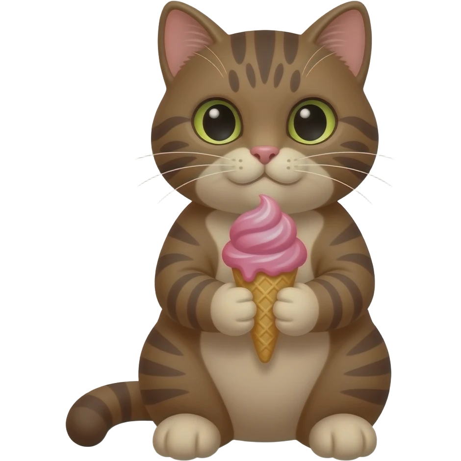 brown  cat sitting pose hold ice cream with two hands pink scope ice cream emoji