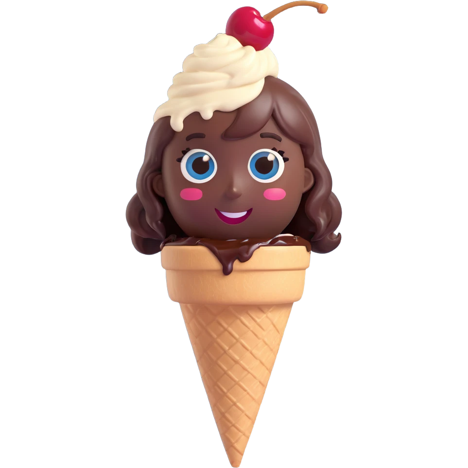 cheerful emoji-style face made from a scoop of ice cream, chocolate syrup hair, big sparkling eyes, joyful smile, cherry on top, expressing happiness and love for desserts emoji