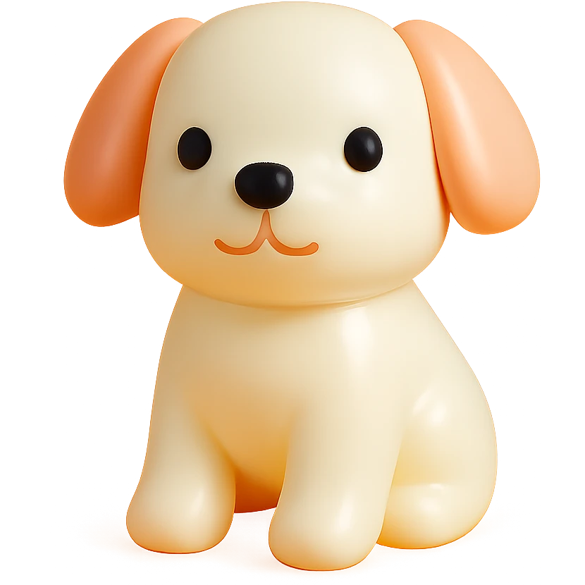              Transform {subject} into a soft vinyl figure with a smooth, glossy surface. The material should look slightly rubbery and tactile, with minimalistic curves and a matte-gloss hybrid finish. Use pastel or soft solid colors. The surface is seamless, with no visible textures or roughness. Studio lighting, vibrant background, clean, playful, designer toy aesthetic. {subject} = dog emoji
