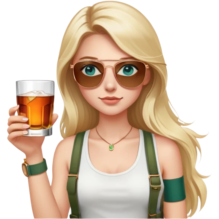 girl with long blond hair
with blue eyes
and aviator sunglasses
wearing white tank top 
holding a glass of whiskey 
wearing rose gold apple watch with forest green band  emoji