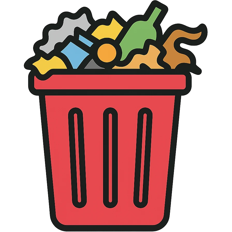 Make the red trash bin overflowing with garbage, keep the flat color outline icon style, no background. emoji
