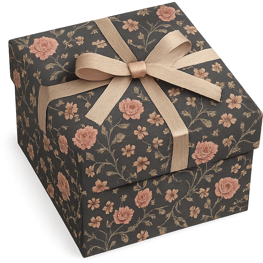 Elegant Rococo pale black pink ditsy floral gift box  , remove background emoji