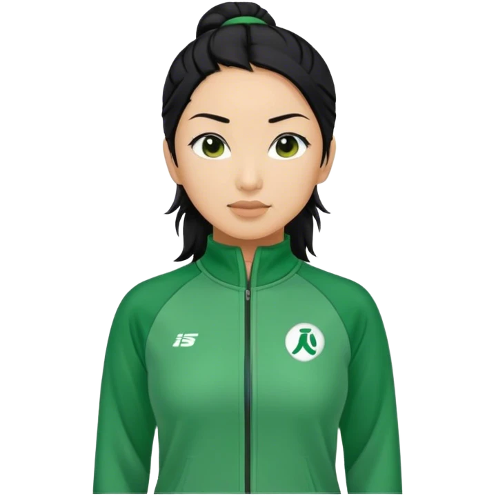 Cha: Age 45, a Asian old woman with black hair tie, Green player tracksuit emoji