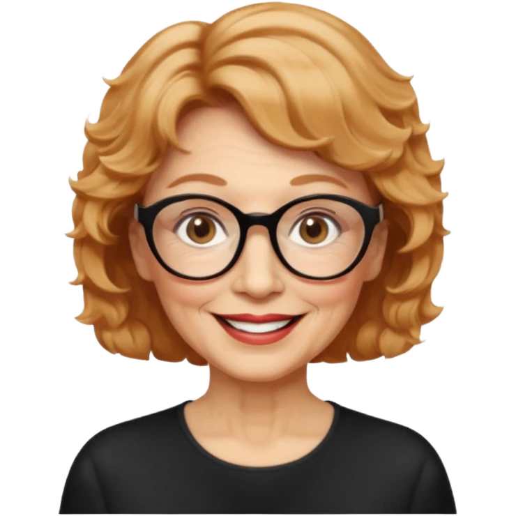 woman 70 years old, very short strawberry blonde weavy hair, brown eyes and round dark glasses smile emoji