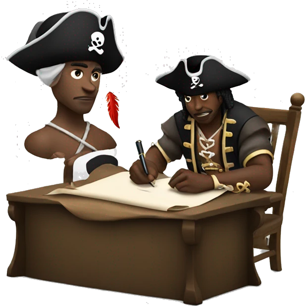 Black man with a pirate hat and a pirate outfit sitting down and writing on a scroll with a feather p emoji