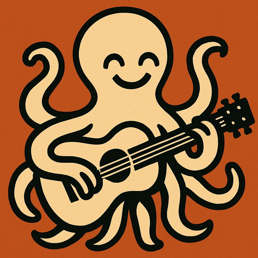 happy octopus with multiple arms playing guitar emoji