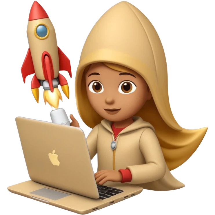 3D clay character with laptop and small rocket launching, cute rounded style, deep green (#0B3D2C), gold rocket, cream laptop, soft shadows, transparent background emoji