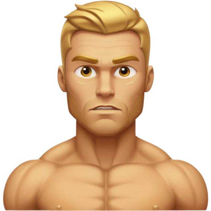A hyper-realistic, fully golden Gigachad with reflective 24k gold skin, sharp chiseled jaw, golden stubble, blank eyes, and one raised eyebrow. He is shown from the chest up, facing front, with a shiny, muscular physique resembling the Silver Surfer in gold emoji