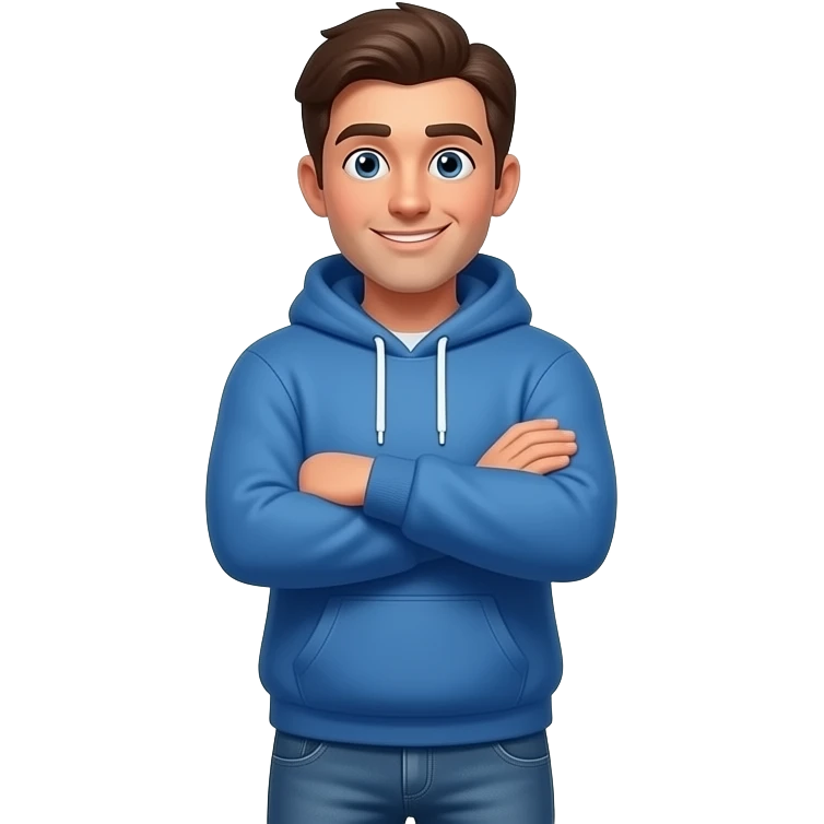 A 3D emoji-style illustration of a friendly man in casual clothes (blue hoodie and jeans), standing with arms crossed and looking directly at the viewer with a naughty face. Text in banner: 'ANSWER TO THEM, ON TOP' white text, while the name 'ON TOP' is rendered in a vibrant, glowing sky blue color. emoji