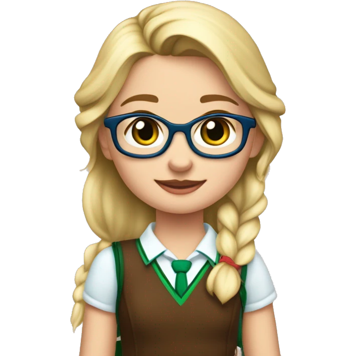 niña rubia, con pelo liso, con ojos azules, con gafas rosas y con uniforme de colegio con falda de cuadros verdes y marron, corona de frozen emoji