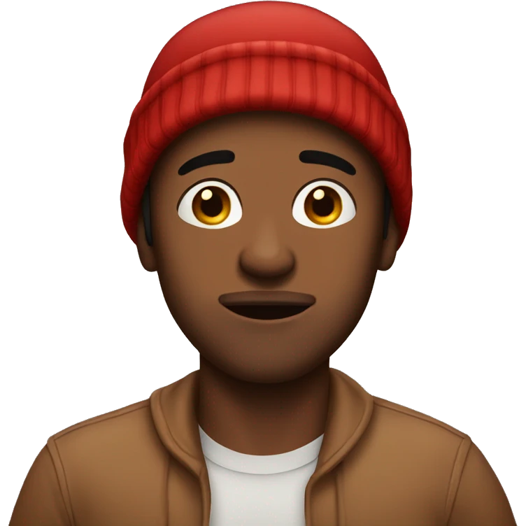 Brown skinned man with chapped lips and red beanie feeling ill emoji