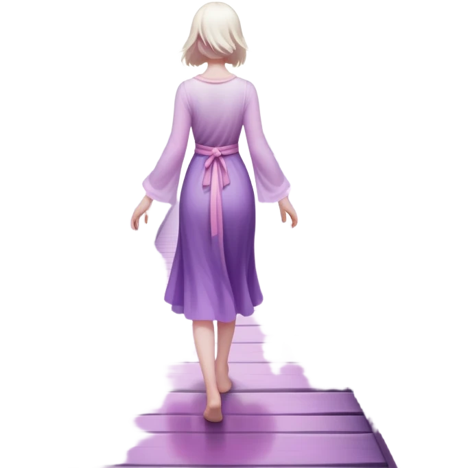 A small figure walks back across a foggy bridge, holding soft pink and purple orbs in each hand—symbolizing compassion and forgiveness. A gentle heart aura trails behind them, showing healing in motion. emoji