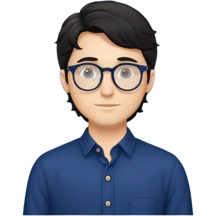 Young caucasian man with slightly longer wavy black hair, round glasses, torso only, wearing dark blue relaxed buttoned-up shirt emoji