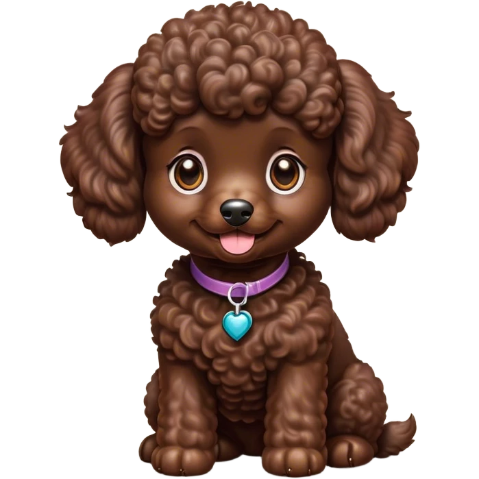 Cinematic Cute Chocolate Poodle Portrait Emoji, Head tilted playfully and inquisitively, showcasing a bouncy, curly chocolate Fur with a healthy sheen, round, sparkling brown eyes filled with curiosity, Simplified yet irresistibly adorable features, highly detailed, glowing with a warm, friendly glow, high shine, affectionate and lively, stylized with a touch of whimsy, bright and endearing, soft glowing outline, capturing the essence of a mischievous yet loving companion, so playful it feels like it could bounce out of the screen and into your arms! emoji