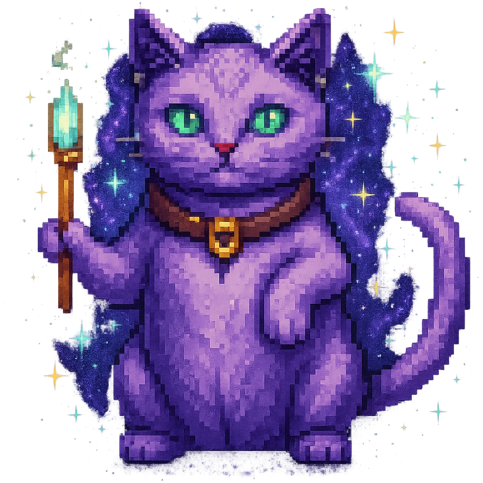 Add sparkles and a magical aura to the purple cat casting a spell in pixel art style, keep the background transparent. emoji