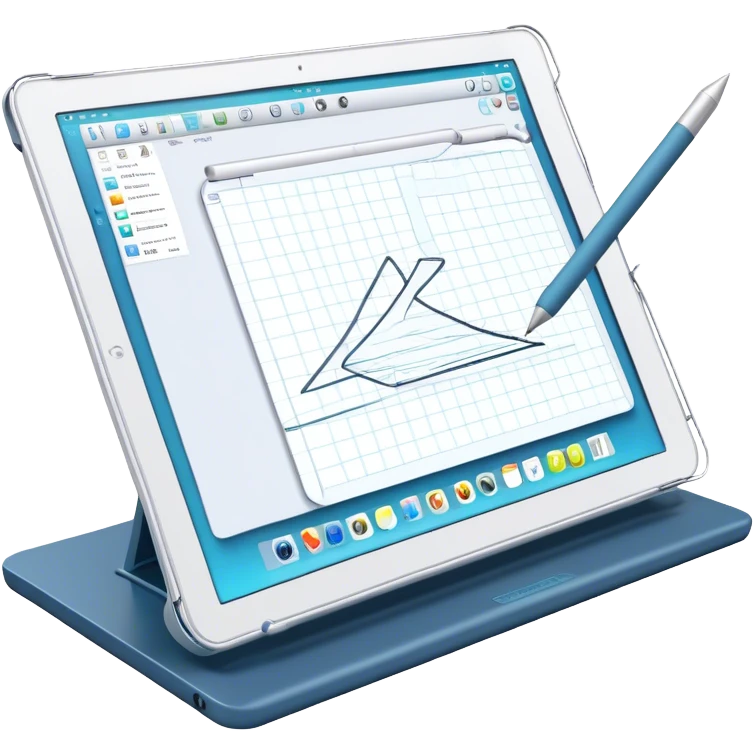 Create an emoji for 3D visualization and modeling. Show a large graphic tablet with a stylus drawing in a 3D modeling program. The 3D model on the screen should appear to protrude out of the screen. Use modern, professional colors. Make the background transparent. emoji