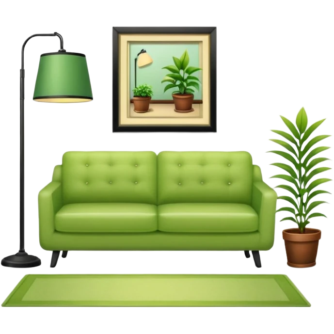 living room in ios emoji style

no TV, and make the couch a light green color

there is a lamp on one side and one plant on the other side. and no picture frame

there is a light colored rug emoji