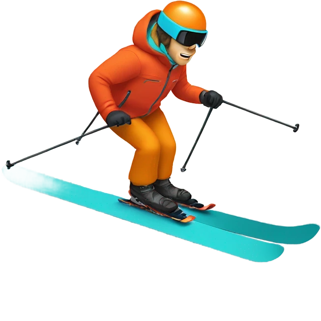 white man skiing wearing an ORANGE JACKET and a RED HELMET and wearing TURQUOISE PANTS emoji