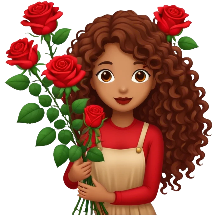 Brown girl with long curly hair holding red roses  emoji