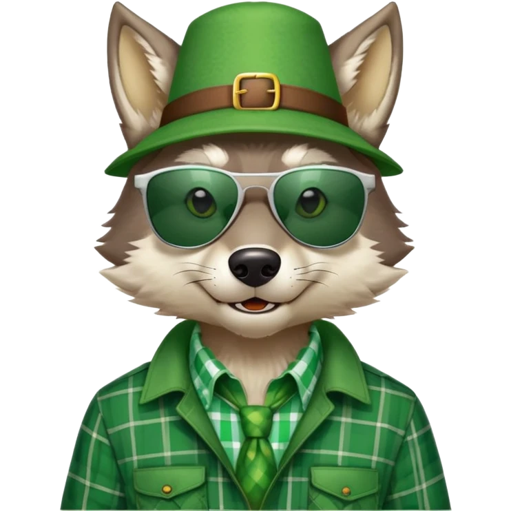 head and shoulders friendly anthropomorphised wolf in green plaid shirt and green attire for St. Patrick's Day, wearing dark sunglasses, festive pose emoji