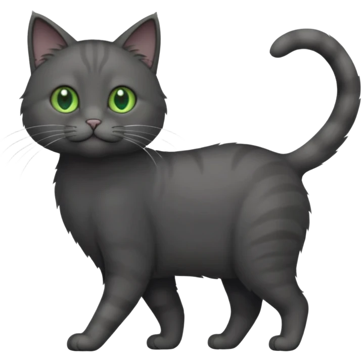full body solid dark grey cat with green eyes, white paws and white whiskers walking emoji