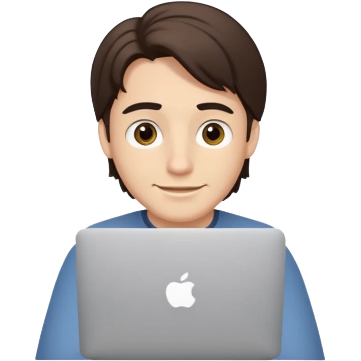 A man in his mid 20s, middle part average dude with slightly droopy eyes, happy, using a MacBook, hero for an iOS developers website emoji