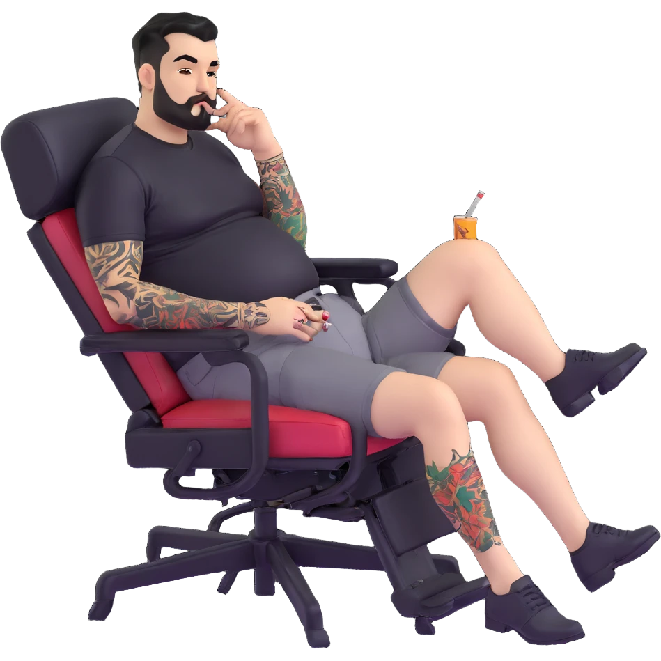 Large man reclining in chair, legs spread showing tattooed left calf, smoking a cigarette, round face, very short black hair, well-groomed beard with small mustache, light skin, black t-shirt with light stripes at top riding up to show belly, black shorts, arms and left calf covered in matching black graphic tattoo patterns emoji