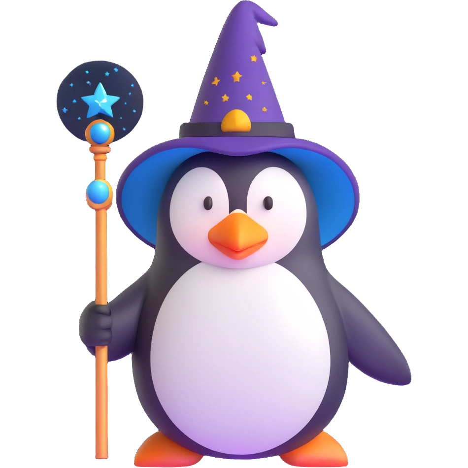 penguin wearing a wizard hat and holding a magic wand emoji