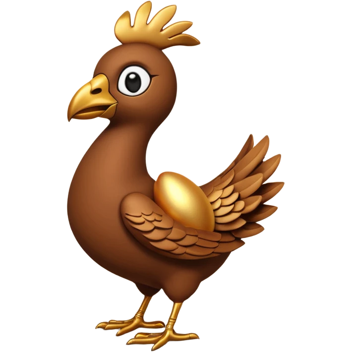 A 3D cartoon Sankofa bird with its head gracefully turned backward holding a golden egg in its beak, symbolizing learning from the past, single bird in frame, gold and brown tones, clean black background, Memoji-style rendering emoji