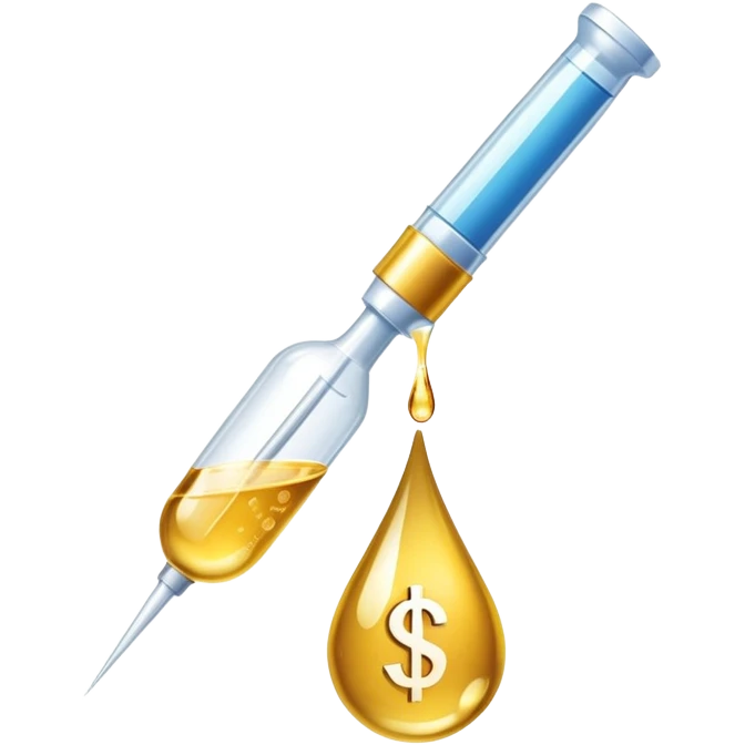 pipette above a shiny gold droplet, dollar sign visible inside the drop emoji