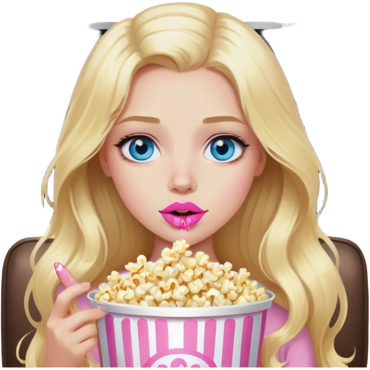 Cinematic realistic blonde with long hair, blue eyes and painted pink lips, watching TV and eating popcorn emoji